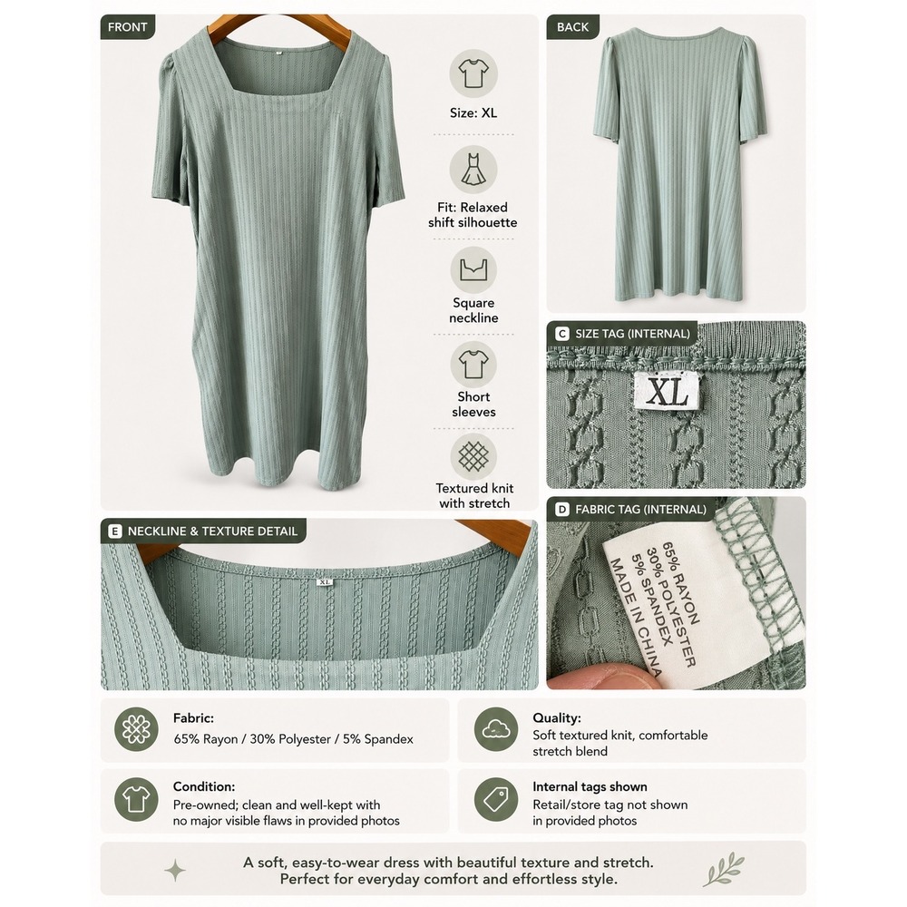 Unbranded Shift Dress Women XL Sage Green Excellent Textured Knit Square Neck - Picture 6 of 14